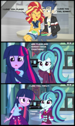 Size: 1316x2226 | Tagged: safe, artist:themexicanpunisher, flash sentry, sonata dusk, sunset shimmer, twilight sparkle, equestria girls, g4, comic, female, lesbian, male, ship:flashimmer, ship:twinata, shipping, straight