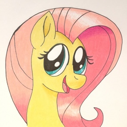 Size: 3024x3024 | Tagged: safe, artist:pavementartist, fluttershy, pegasus, pony, g4, bust, female, high res, looking at you, open mouth, portrait, simple background, smiling, solo, traditional art, turned head, white background