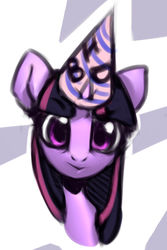 Size: 526x787 | Tagged: safe, artist:limchph2, twilight sparkle, pony, g4, abstract background, bust, female, happy birthday, hat, mare, party hat, portrait, solo