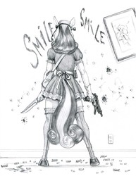Size: 1100x1423 | Tagged: safe, artist:baron engel, bon bon, sweetie drops, earth pony, anthro, unguligrade anthro, g4, beretta 93r, clothes, dagger, female, grayscale, gun, maid, mare, monochrome, pencil drawing, rear view, secret agent sweetie drops, simple background, sketch, solo, tail, tail hole, traditional art, trigger discipline, weapon, white background