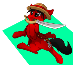 Size: 2777x2495 | Tagged: safe, artist:whyena, pony, crossover, hat, high res, monkey d. luffy, mouth hold, one piece, ponified, simple background, solo, sword, transparent background, weapon