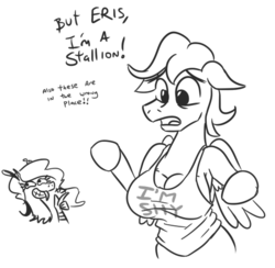 Size: 511x498 | Tagged: safe, artist:jargon scott, discord, fluttershy, pegasus, pony, g4, bipedal, breasts, busty boy, busty butterscotch, busty fluttershy, butterscotch, chestbreasts, cleavage, eris, intersex, male, misplaced boobs, monochrome, not futa, rule 63, transformation, transgender transformation