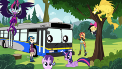 Size: 1024x577 | Tagged: safe, derpibooru exclusive, adagio dazzle, indigo zap, sci-twi, songbird serenade, starlight glimmer, sunset shimmer, twilight sparkle, oc, oc:dwayne the bus, alicorn, siren, equestria girls, g4, my little pony: the movie, bus, forest, midnight sparkle, new flyer d40lf, self insert, talking vehicle, translink, twilight sparkle (alicorn)