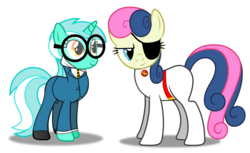 Size: 12157x7425 | Tagged: safe, artist:dashiesparkle edit, artist:skie-vinyl, edit, vector edit, bon bon, lyra heartstrings, sweetie drops, earth pony, pony, g4, absurd resolution, clothes, cosplay, costume, danger mouse, eyepatch, female, glasses, mare, parody, penfold, secret agent sweetie drops, shoes, simple background, transparent background, vector