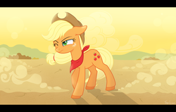 Size: 2520x1600 | Tagged: safe, artist:tina-de-love, applejack, earth pony, pony, g4, bandana, cowboy hat, desert, female, freckles, hat, letterboxing, mare, one eye closed, scenery, solo, stetson, widescreen