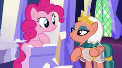 Size: 1920x1080 | Tagged: safe, screencap, pinkie pie, somnambula, earth pony, pegasus, pony, g4, shadow play, eye contact, female, friendship throne, looking at each other, mare, ship:pinkambula, smiling, throne, twilight's castle