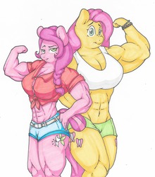 Size: 1280x1457 | Tagged: safe, artist:zacharyisaacs, fluttershy, oc, oc:honey suckle, oc:honey suckle (flicker-show), earth pony, pegasus, anthro, g4, abs, anthro oc, bangles, biceps, breasts, busty fluttershy, clothes, colored, cutie mark, duo, female, flexing, front knot midriff, jewelry, looking at you, mare, midriff, muscles, muscleshy, shirt, shorts, simple background, thunder thighs, white background