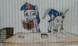 Size: 2864x1699 | Tagged: safe, artist:someguy458, star swirl the bearded, twilight sparkle, alicorn, pony, g4, book, lined paper, traditional art, twilight sparkle (alicorn)