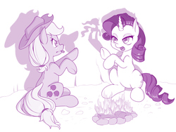Size: 1000x752 | Tagged: safe, artist:dstears, applejack, mistmane, rarity, earth pony, pony, unicorn, campfire tales, g4, campfire, cowboy hat, duo, female, hat, mare, monochrome, purple, shadow puppets