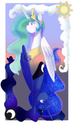 Size: 620x1027 | Tagged: safe, artist:crazy-luna, princess celestia, princess luna, alicorn, pony, g4, card, crossover, jewelry, peytral