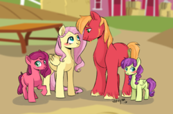 Size: 1023x680 | Tagged: safe, artist:dreamscapevalley, big macintosh, fluttershy, oc, oc:apple luv, oc:blossom, earth pony, pegasus, pony, g4, blushing, facial hair, family, female, filly, male, offspring, parent:big macintosh, parent:fluttershy, parents:fluttermac, ship:fluttermac, shipping, straight
