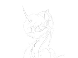 Size: 4000x3000 | Tagged: safe, artist:skitsroom, princess luna, alicorn, pony, unicorn, gamer luna, g4, curved horn, female, headset, horn, lineart, mare, solo