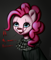 Size: 1913x2225 | Tagged: safe, artist:deltahedgehog, pinkie pie, earth pony, pony, g4, bust, clown, creepy, female, it, looking at you, mare, pennywise, pinkiewise, portrait, smiling