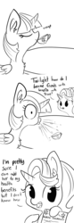 Size: 1650x4950 | Tagged: safe, artist:tjpones, starlight glimmer, twilight sparkle, alicorn, pony, unicorn, g4, accidental innuendo, bait and switch, black and white, chest fluff, comic, cup, dialogue, drink, drinking, duo, ear fluff, food, friends with benefits, grayscale, health insurance, hoof hold, implied trixie, innocent innuendo, innuendo, misunderstanding, monochrome, onomatopoeia, simple background, spit take, tea, teacup, twilight sparkle (alicorn), white background