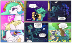 Size: 1920x1149 | Tagged: safe, artist:pencils, princess celestia, princess luna, star tracker, oc, oc:glenda gullwind, alicorn, earth pony, griffon, pony, comic:sunbutt sunday, g4, bed, belly, bench, blushing, brush, brushing, bush, butt, camera, claw hold, comic, concave belly, crown, dialogue, eyeshadow, female, flying, folded wings, griffon oc, hoof hold, hoof shoes, horseshoes, jewelry, lewd, lidded eyes, lip bite, makeup, male, mare, moon, mouth hold, newspaper, open mouth, paparazzi, peeping, peytral, pillow, plot, princess shoes, regalia, ribcage, royal sisters, sitting, slender, speech bubble, spread wings, stallion, stars, thin, thought bubble, tree, undressing, we don't normally wear clothes, wings