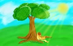 Size: 5500x3500 | Tagged: safe, artist:the-fox-experiment, applejack, g4, hat, lying, sleeping, tree