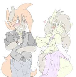 Size: 1785x1800 | Tagged: safe, artist:blackbewhite2k7, button mash, featherweight, anthro, g4, ass, blushing, butt, clothes, crossdressing, date, dress, feathermash, femboy, gay, heart, male, older, shipping, sketch, suit, trap
