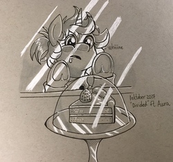 Size: 1280x1197 | Tagged: safe, artist:sugaryviolet, oc, oc only, oc:aura, pony, against glass, cake, drool, food, glass, inktober, solo, traditional art, underhoof