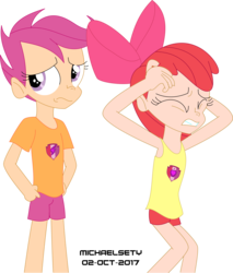 Size: 3500x4107 | Tagged: safe, artist:michaelsety, apple bloom, scootaloo, human, g4, marks and recreation, apple bloom's bow, bow, hair bow, humanized, simple background, transparent background