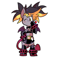Size: 576x576 | Tagged: safe, artist:pembroke, oc, oc only, oc:aero, bipedal, bracelet, disgaea, etna, heart, jewelry, offspring, one eye closed, parent:derpy hooves, parent:oc:warden, parents:canon x oc, parents:warderp, simple background, solo, spiked wristband, studded bracelet, transparent background, wink, wristband