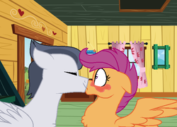 Size: 674x484 | Tagged: safe, artist:ficklepickle9421, rumble, scootaloo, pegasus, pony, g4, marks and recreation, blushing, eyes closed, female, kiss on the lips, kissing, male, ship:rumbloo, shipping, straight