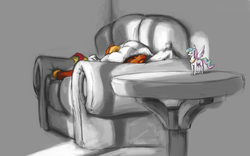 Size: 1600x1000 | Tagged: safe, artist:da-exile, princess celestia, oc, oc:rum, g4, couch, figurine, pillow, sleeping