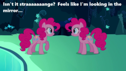 Size: 1280x720 | Tagged: safe, edit, edited screencap, screencap, pinkie pie, g4, season 3, too many pinkie pies, cave, cave pool, clone, i think i'm a clone now, mirror pool, pinkie clone, song in the comments, song reference, text, weird al yankovic