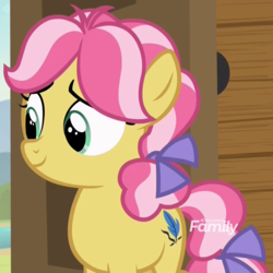 Size: 1010x1010 | Tagged: safe, screencap, kettle corn, earth pony, pony, g4, marks and recreation, bow, cropped, female, filly, foal, hair bow, solo, tail bow