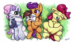 Size: 1500x876 | Tagged: safe, artist:php187, apple bloom, pipsqueak, rumble, scootaloo, skeedaddle, sweetie belle, earth pony, pegasus, pony, unicorn, g4, belly, butt, colt, colt prey, cutie mark crusaders, eating, endosoma, female, fetish, filly, filly pred, foal, male, non-fatal vore, plot, predbloom, scootapred, soft vore, swallowing, sweetiepred, tail sticking out, throat bulge, vore