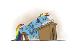 Size: 1500x1000 | Tagged: safe, artist:da-exile, rainbow dash, pegasus, pony, g4, testing testing 1-2-3, atg 2016, book, bored, desk, female, mare, newbie artist training grounds, school, sitting, solo, stool, tongue out