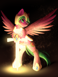 Size: 1591x2113 | Tagged: safe, artist:airiniblock, oc, oc only, oc:melon specter, pegasus, pony, rcf community, armor, light, royal guard, solo, sword, weapon, wings