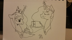 Size: 5312x2988 | Tagged: safe, artist:malwinters, princess celestia, princess luna, pony, g4, cake, eating, food, inktober, magic, telekinesis, traditional art