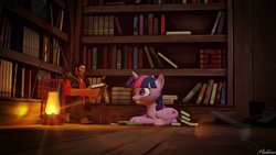 Size: 1191x670 | Tagged: safe, twilight sparkle, alicorn, pony, g4, 3d, book, bookshelf, crossover, library, night, sniper, sniper (tf2), source filmmaker, team fortress 2, twilight sparkle (alicorn)