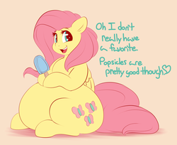 Size: 1861x1521 | Tagged: safe, artist:graphenescloset, fluttershy, pegasus, pony, adorafatty, belly, big belly, butt, dialogue, fat, fattershy, food, large belly, large butt, looking at you, obese, open mouth, overweight, plot, popsicle, sitting