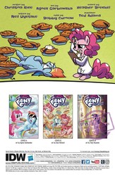Size: 1325x2037 | Tagged: safe, artist:agnesgarbowska, idw, pinkie pie, rainbow dash, g4, secrets and pies, spoiler:comic, spoiler:comic59, belly, bloated, chubby, clipboard, clothes, food, lab coat, pencil, pie, preview, stuffed, stuffing, watermark