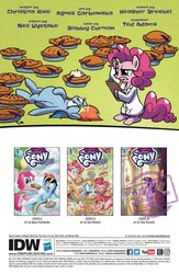 Size: 1325x2037 | Tagged: safe, artist:agnes garbowska, idw, pinkie pie, rainbow dash, g4, secrets and pies, spoiler:comic, spoiler:comic59, belly, bloated, chubby, clipboard, clothes, food, lab coat, pencil, pie, preview, stuffed, stuffing, watermark