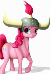 Size: 1520x2265 | Tagged: safe, artist:samum41, pinkie pie, earth pony, pony, not asking for trouble, female, helmet, honorary yak horns, horned helmet, mare, realistic anatomy, simple background, smiling, snow, solo, viking helmet, white background