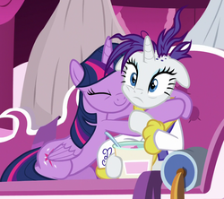 Size: 1119x995 | Tagged: safe, screencap, rarity, twilight sparkle, alicorn, pony, unicorn, g4, it isn't the mane thing about you, cute, duo, eyes closed, female, floppy ears, food, hug, ice cream, mare, raribetes, ruined mane, smiling, twiabetes, twilight sparkle (alicorn)