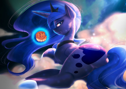 Size: 1400x990 | Tagged: safe, artist:bakki, princess luna, alicorn, pony, g4, bedroom eyes, butt, chinese, cloud, dock, female, food, glowing, looking at you, lying down, magic, mare, mid-autumn festival, mooncake, nibbling, night, night sky, plot, sky, smiling, solo, stars