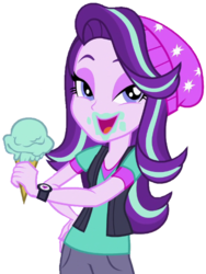 Size: 470x626 | Tagged: safe, artist:thebar, edit, edited screencap, screencap, starlight glimmer, equestria girls, equestria girls specials, g4, my little pony equestria girls: mirror magic, background removed, beanie, bedroom eyes, clothes, female, food, hand on hip, hat, ice cream, looking at you, messy eating, not a vector, open mouth, simple background, solo, transparent background, vest, watch, wristwatch