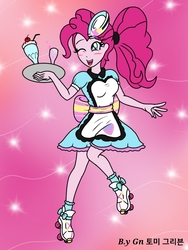 Size: 768x1024 | Tagged: safe, artist:ajrrhvk12, pinkie pie, coinky-dink world, equestria girls, g4, my little pony equestria girls: summertime shorts, carhop, cherry, clothes, female, food, glass, milkshake, one eye closed, open mouth, roller skates, see, server pinkie pie, solo, tray, waitress, wink