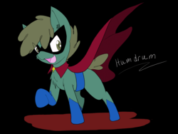 Size: 4032x3024 | Tagged: safe, artist:steelsoul, idw, humdrum, earth pony, pony, g4, black background, colt, humdrum costume, looking at you, male, open mouth, power ponies, raised hoof, simple background, solo