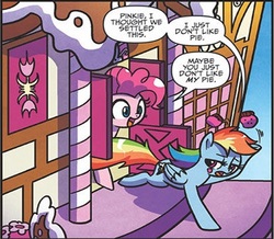 Size: 400x348 | Tagged: safe, artist:agnesgarbowska, idw, pinkie pie, rainbow dash, pegasus, pony, g4, secrets and pies, spoiler:comic, spoiler:comic59, cupcake, door, female, food, implied lesbian, implied shipping, mare, out of context, pie, preview, running, sugarcube corner, you know for kids