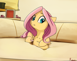 Size: 2500x2000 | Tagged: safe, artist:miokomata, fluttershy, pegasus, pony, g4, couch, cute, doge, female, floppy ears, frown, high res, indoors, looking at you, lying down, mare, open mouth, picture frame, ponified animal photo, prone, shyabetes, solo, sweet dreams fuel