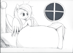 Size: 7014x5100 | Tagged: safe, artist:taurson, fluttershy, pony, g4, absurd resolution, bed, female, inktober, solo, traditional art