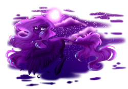 Size: 5000x3492 | Tagged: safe, artist:crazllana, oc, oc only, oc:ender heart, pegasus, pony, color porn, female, flying, leonine tail, mare, moon, night, solo, starry night, stars
