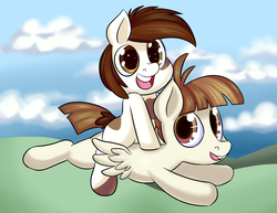 Size: 1925x1488 | Tagged: safe, artist:zanezandell, featherweight, pipsqueak, earth pony, pegasus, pony, g4, colt, cute, duo, featherbetes, flying, happy, male, open mouth, ponies riding ponies, riding, squeakabetes