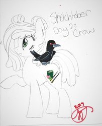 Size: 1024x1258 | Tagged: safe, artist:crystalizedflames, oc, oc only, oc:soy sauce, bird, crow, earth pony, pony, female, mare, partial color, raised hoof, sketch, solo, traditional art