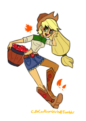 Size: 630x884 | Tagged: safe, artist:cutecartoongirls, applejack, equestria girls, g4, apple, belt, boots, clothes, cowboy hat, denim skirt, female, food, hat, midriff, ponytail, shoes, simple background, skirt, smiling, solo, stetson, white background, wingding eyes
