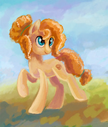 Size: 600x706 | Tagged: safe, artist:maytee, pear butter, earth pony, pony, g4, female, hair bun, mare, raised hoof, smiling, solo